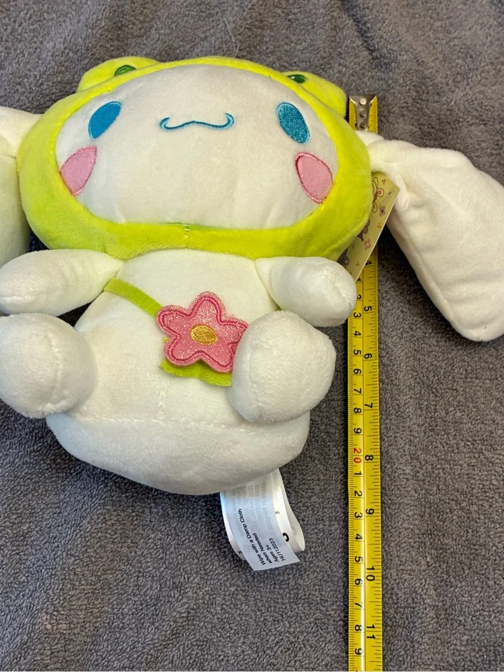 Hello Kitty Cinnamoroll Plush in Bright Lime Frog Hat with Pink Flower